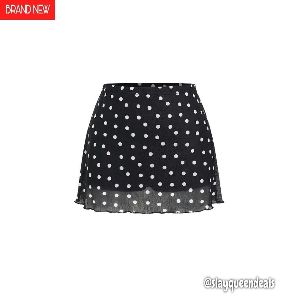 Mesh Mini Skirt with Built-in Shorts, Polka Dots, Lettuce Trim